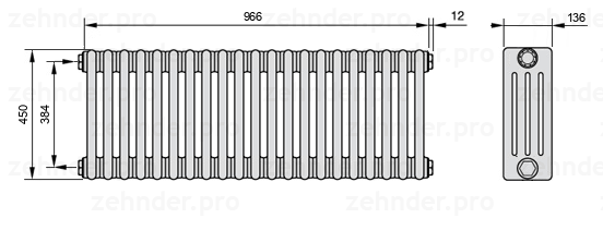 Схема (чертеж) Радиатор Zehnder Charleston 4045/21 №1270 Белый глянцевый RAL 9016